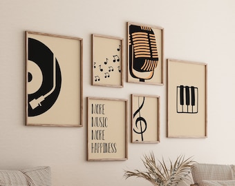 Retro Music Wall Art Gallery, Groovy Set 6, Turntable Poster, Piano Keys Print, Room Decoration, Digital File, Note Drawing, Microphone Gift