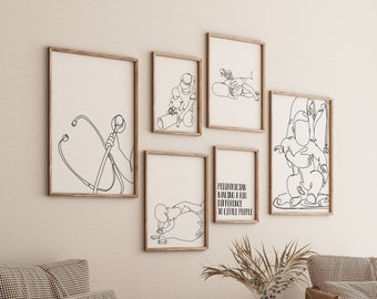 May include: Five black and white line art prints with wooden frames. The prints feature a stethoscope, a doctor holding a baby, a doctor holding a baby, a doctor holding a baby, and a quote about making a big difference to little people.