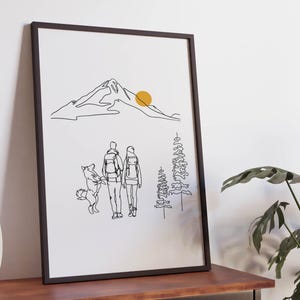 Minimalistisches Paar Wandern Linie Kunst, Freunde Poster, Sport Druck, Wanderer mit Hund Zeichnung, Raumdekoration, Digitale Datei Geschenk, Trek Hike Walk