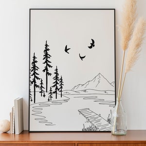 Minimalist Mountain Line art , Printable wall art, Digital Download, Landscape drawing poster, Nature home decor, Scenery Print, Wood Tree