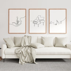 Minimalist music print, Piano poster, Set of 3 wall art, Music line art, Note printable, Single line, Digital, Instrument drawing gift