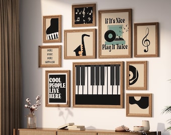 Retro Music Gallery Set of 10 Drawings, Piano Print, Guitar Poster, Musical Gift, Digital File, Saxophone Sketch, Record Player, Funky Notes