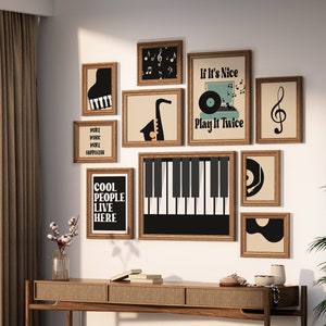Retro Music Gallery Set von 10 Zeichnungen, Klavier Druck, Gitarre Poster, Musikalisches Geschenk, Digitale Datei, Saxophon Skizze, Plattenspieler, Funky Notes