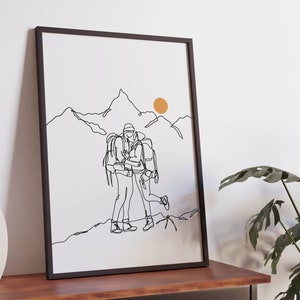 Minimalistisches Paar Wandern Linie Kunst, Freunde Poster, Sport Druck, Wanderer Zeichnung, Raumdekoration, digitale Datei, druckbares Geschenk, Trek Hike Walk