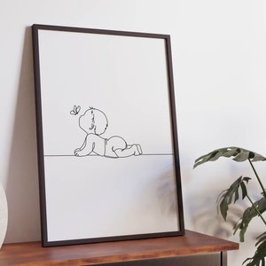 Arte minimalista pediatrica, file digitale, poster medico, stampa di un bambino che gattona, stampabile in clinica, schizzo di un'infermiera, ospedale, medico pediatrico