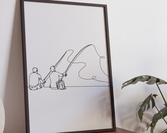 Minimalist Dad And Son Fishing Line Art Print, Fisherman Decoration Gift, Digital Download, Simple Fisherman Sketch, Printable Poster