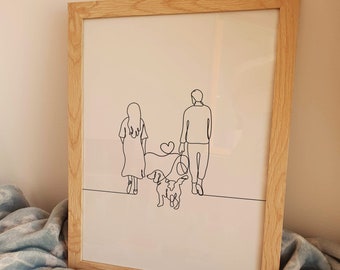 Couple With Dog Drawing, Minimalist Walking Dog Line Art, Cute Pet Printable, Love Poster, Digital Download, Anniversary Gift