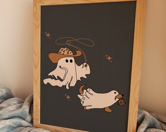 Lámina de Halloween con diseño de perro fantasma, estilo vaquero retro (descarga digital)