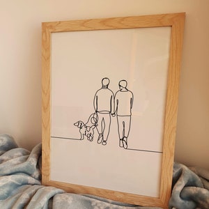 Dibujo de pareja con perro, arte lineal minimalista de perro paseando, póster de amor, descarga digital, regalo de aniversario, familia, mejores amigos