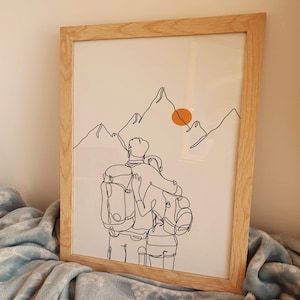Arte lineal minimalista de pareja de senderismo, póster de amigos, impresión deportiva, dibujo de excursionista, decoración de habitación, archivo digital, regalo imprimible, caminata de senderismo