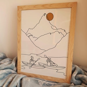 Kayaking Poster, minimalistische Linie Kunst, Sonnenaufgang Druck, Paar Kayak Zeichnung, Geschenk, Berglandschaft Sonnenuntergang, Boot Dekoration, digitale Datei