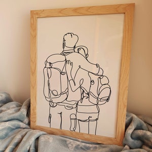 Minimalista pareja senderismo línea arte, cartel de amigos, impresión deportiva, dibujo de excursionista, decoración de la habitación, archivo digital, regalo imprimible, caminata caminata