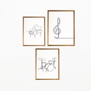 Minimalist music print, Set of 3 wall art, Music line art, Note printable, Digital Download, Drums poster, Piano Musical art