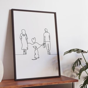 Dibujo de pareja con perro, arte lineal minimalista de perro paseando, adorable mascota imprimible, póster de amor, descarga digital, regalo de aniversario