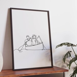 Minimalistisches Paar Kanu Linie Kunstdruck, bedruckbarer Wassersport, Geschenk Wandkunst, einfache Skizze, digitaler Download, Erkunden Poster