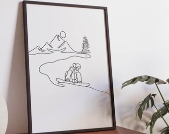Minimalist Snowboard line art print, Winter sport wall art, Digital Download, Simple Sketch, Male Athlete, Gift For Snowboarder, Landscape