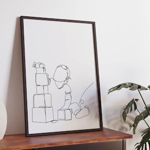 Arte lineal pediátrico minimalista, archivo digital, póster Montessori, impresión de niño jugando con cubos, imprimible para el aula, boceto educativo