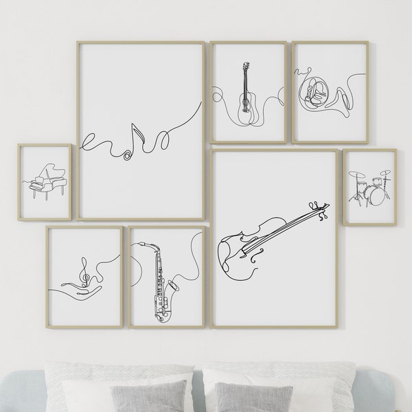 Music Line Art Wall Gallery Set 8 Drawing, Digital Download, Violin Saxophone Print, Piano Note Sketch, Drums Guitar Draw, French Horn