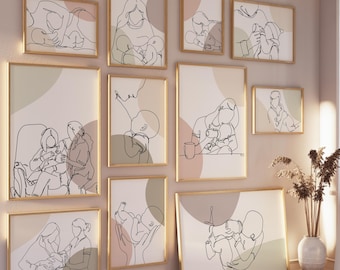 May include: A collection of framed line art prints depicting mothers and babies in various poses. The artwork features minimalist black line drawings on a neutral background with soft color accents, framed in gold.