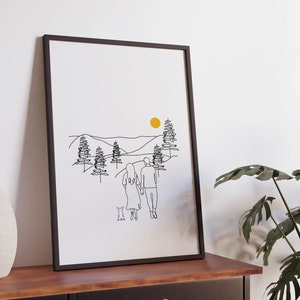 Paar Zeichnung, Minimalistisch zu Fuß mit Hund Line Art, Süßes Haustier zum Ausdrucken, Geschenk Poster, Landschaft Poster, Natur Kunstwerk, digitaler Download