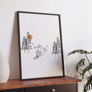 Minimalist Skiing Line Art, Winter Sport Decoration, Digital Download, Skier Poster, Athlete Prints, Gift, Landscape Drawing, Mountain art