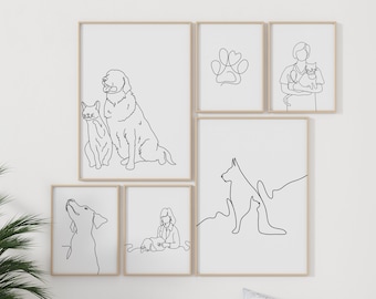 Veterinary Line Art, Vet Office, Clinic Decoration, Bundle Set Of 6, Animal Hospital, Dog Drawing, Veterinarian Prints, Digital Download