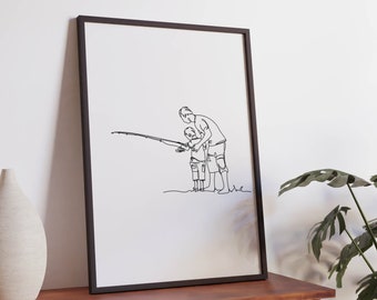 Minimalist Father And Son Fishing Line Art Print, Fisherman Decoration Gift, Digital Download, Simple Fisherman Sketch, Printable Poster