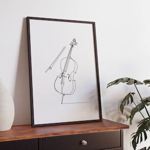 Pode incluir: Uma impressão emoldurada preta de um desenho de linha de um violoncelo e um arco sobre um fundo branco.