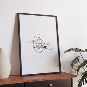 Póster de kayak, arte lineal minimalista, impresión de amanecer, dibujo de pareja en kayak, regalo, paisaje de montaña al atardecer, decoración de barco, archivo digital