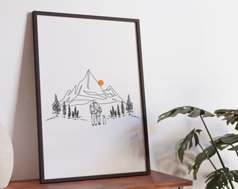 Minimalist Couple Hiking Line art, Friends Poster, Sport Print, Hiker With Dog Drawing, Room Decoration, Digital File Gift, Trek Hike Walk