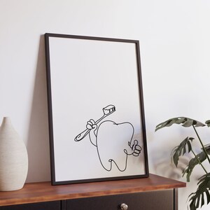 Minimalistischer Zahnarzt Linie Kunst, digitaler Download, Zahn hält Zahnbürste Druck, Zahnpraxis bedruckbar, Mundpflege Zeichnung