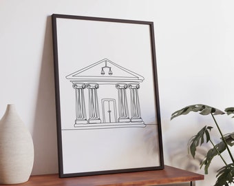 May include: A black framed print of a line drawing of a courthouse with columns and a scale of justice above the entrance.