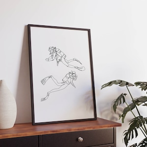 Arte minimalista de línea de pareja de buceo, archivo digital, deportes acuáticos imprimibles, cartel de Ocean Diver, regalo de impresiones de snorkel, snorkel