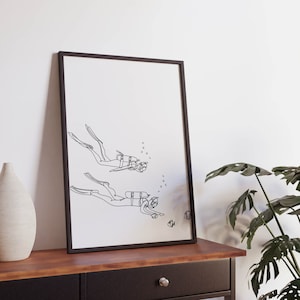 Arte lineal minimalista de pareja de buceadores, archivo digital, deporte acuático imprimible, póster de buceador en el océano, impresiones de regalo de esnórquel, esnórquel