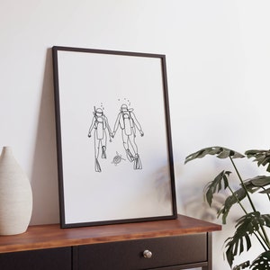 Arte minimalista de línea de pareja de buceo, archivo digital, deportes acuáticos imprimibles, cartel de Ocean Diver, regalo de impresiones de snorkel, snorkel