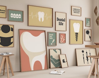 Retro Dentist Gallery Set of 15 Drawings, Dental Office Decoration, Dentistry Print, Toothbrush Poster, Clinic Digital File, Tooth, Floss