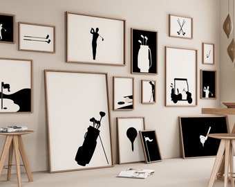 Golf Gallery Set of 15 Drawings, Minimalist Golfing Print, Golfer Poster, Athlete Gift, Digital File, Ball Tee Sketch, Player Equipment