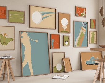 Retro Golf Gallery Set of 15 Drawings, Minimalist Golfing Clubs Print, Golfer Poster, Athlete Gift, Digital File, Ball Tee, Player Equipment