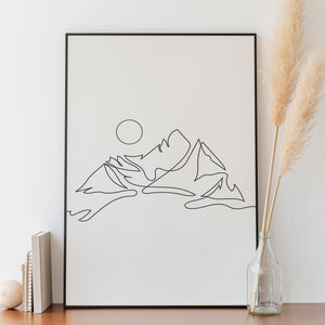 Minimalist Mountain And Sun Line art, Digital Download, Landscape prints, Scenery Outline Drawing, Room Decoration, Nature Printable