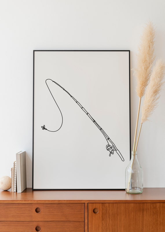 Minimalist Fishing Rod Line Art Print, Angler Decoration, Dad Gift