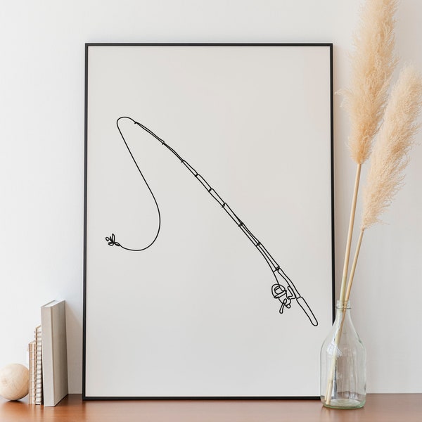 Minimalist Fishing Rod line art print, Angler decoration, Dad Gift, Digital Download, Simple Fisherman Sketch, Printable Poster Drawing