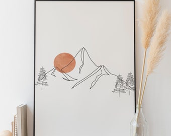 Minimalist Mountain Line art , Printable Outline, Digital Download, Landscape drawing poster, Nature home Decor, Scenery Print Pine Tree