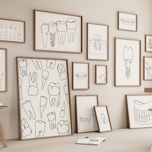 Zahnarzt Galerie Set mit 15 Zeichnungen, Zahnarztpraxis Dekoration, Minimalistische Linie Kunstdruck, Zahnbürste Poster, Klinik Zeichnen Digitale Datei, Zahn