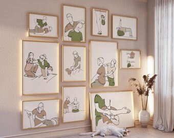 Könnte beinhalten: Ein Satz von 10 gerahmten Illustrationen, die verschiedene Positionen zeigen, um jemandem zu helfen, der gefallen ist. Die Illustrationen sind in Schwarzweiß-Linienkunst mit grünen Akzenten. Die Rahmen sind golden.