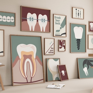 Retro Zahnarzt Galerie-Set mit 15 Zeichnungen, Zahnarztpraxis-Dekoration, Zahnmedizin-Druck, Zahnbürste Poster, Klinik Digitale Datei, Zahn, Zahnseide
