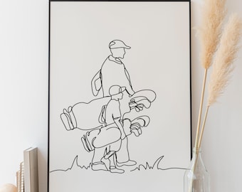 Minimalist Golf Player Line art, Digital Download, Sport Print, Dad With Son Playing, Simple Sketch, Room Decoration, Gift Poster, Outline