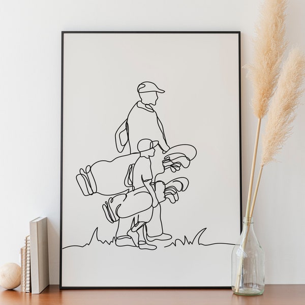 Minimalist Golf Player Line art, Digital Download, Sport Print, Dad With Son Playing, Simple Sketch, Room Decoration, Gift Poster, Outline