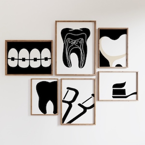 Zahnarzt Galerie Set mit 6 Zeichnungen, Zahnarztpraxis Dekoration, Dentistry Print, Zahnputz Poster, Praxis Digitale Datei, Zahn, schwarz weiß