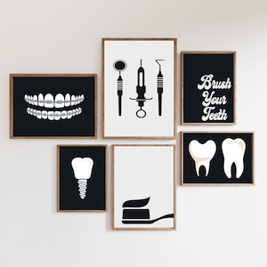 Retro Zahnarzt Galerie Set mit 6 Zeichnungen, Zahnarztpraxis Dekoration, Zahnmedizin Druck, Zahnbürste Poster, Klinik Digitale Datei, Zahn, Zahnseide
