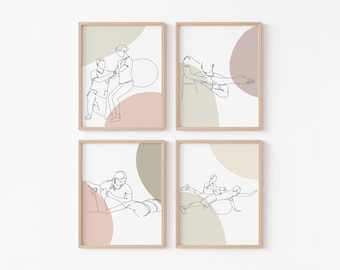 Könnte beinhalten: Set aus vier minimalistischen Line-Art-Drucken mit Physiotherapie-Übungen. Jeder Druck zeigt einen Therapeuten und einen Patienten in einer anderen Pose vor einem neutralen Hintergrund mit abstrakten Formen in Beige und Rosa.